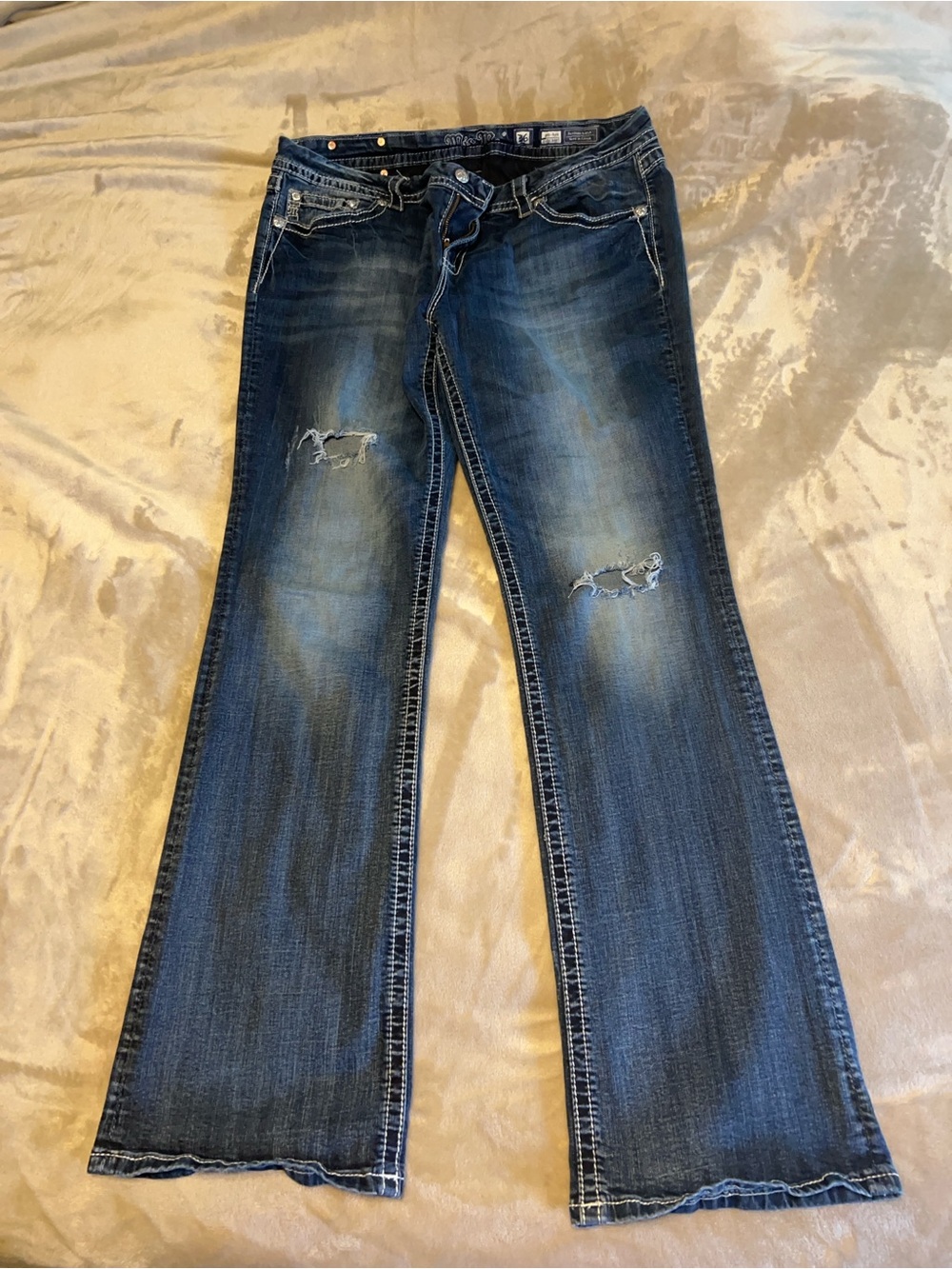 Miss Me Dark Blue Bootcut Jeans with Distressed Knees